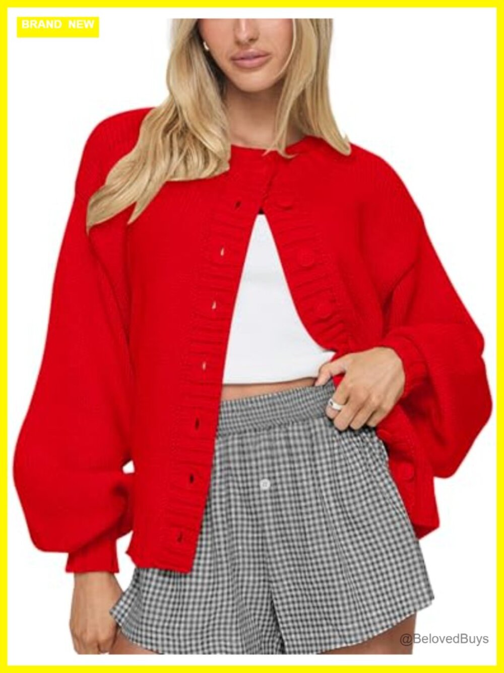 Oversized Chunky Knit Button Front Cardigan Lantern Sleeve Sweater